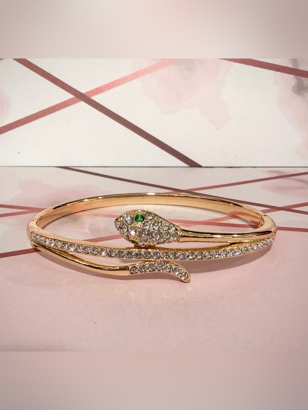 Gold Snake Crystal Wrap Bangle Bracelet with Green Eyes